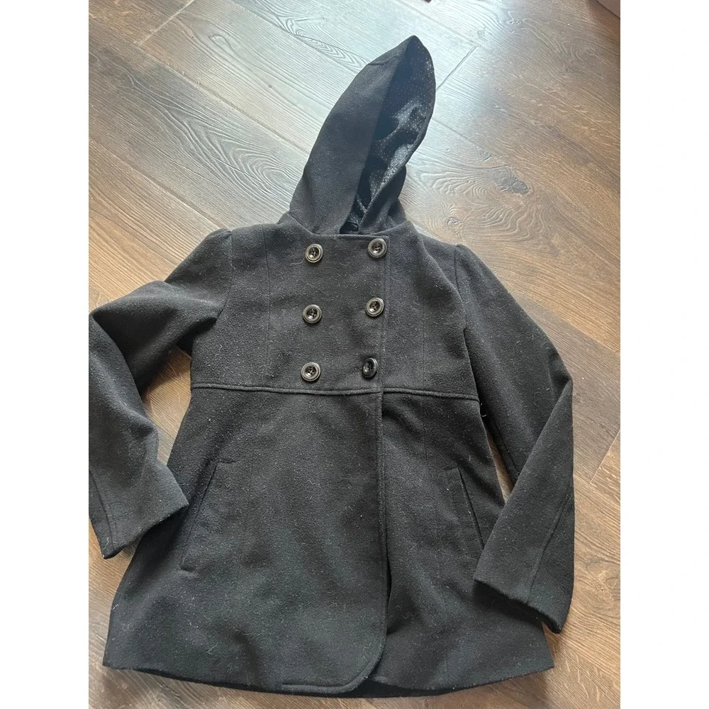 Rothschild Girls Black Double Breasted Hooded Wool Blend Coat‎ Size 14